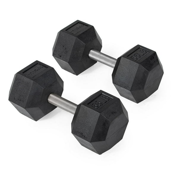 Titan Fitness 55 LB Pair Free Weights, Black Rubber Coated Hex Dumbbell, Straight Stainless Steel Handle, Strength Training, Full Body Workout