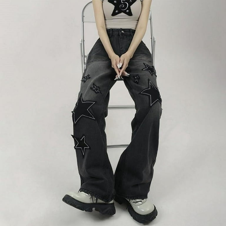 LinYooLi Y2K Baggy Jeans Star Patch Wide Leg Pants Alt Emo LinYooLi Y2K Baggy Jeans Star Patch Wide Leg Pants Alt Emo