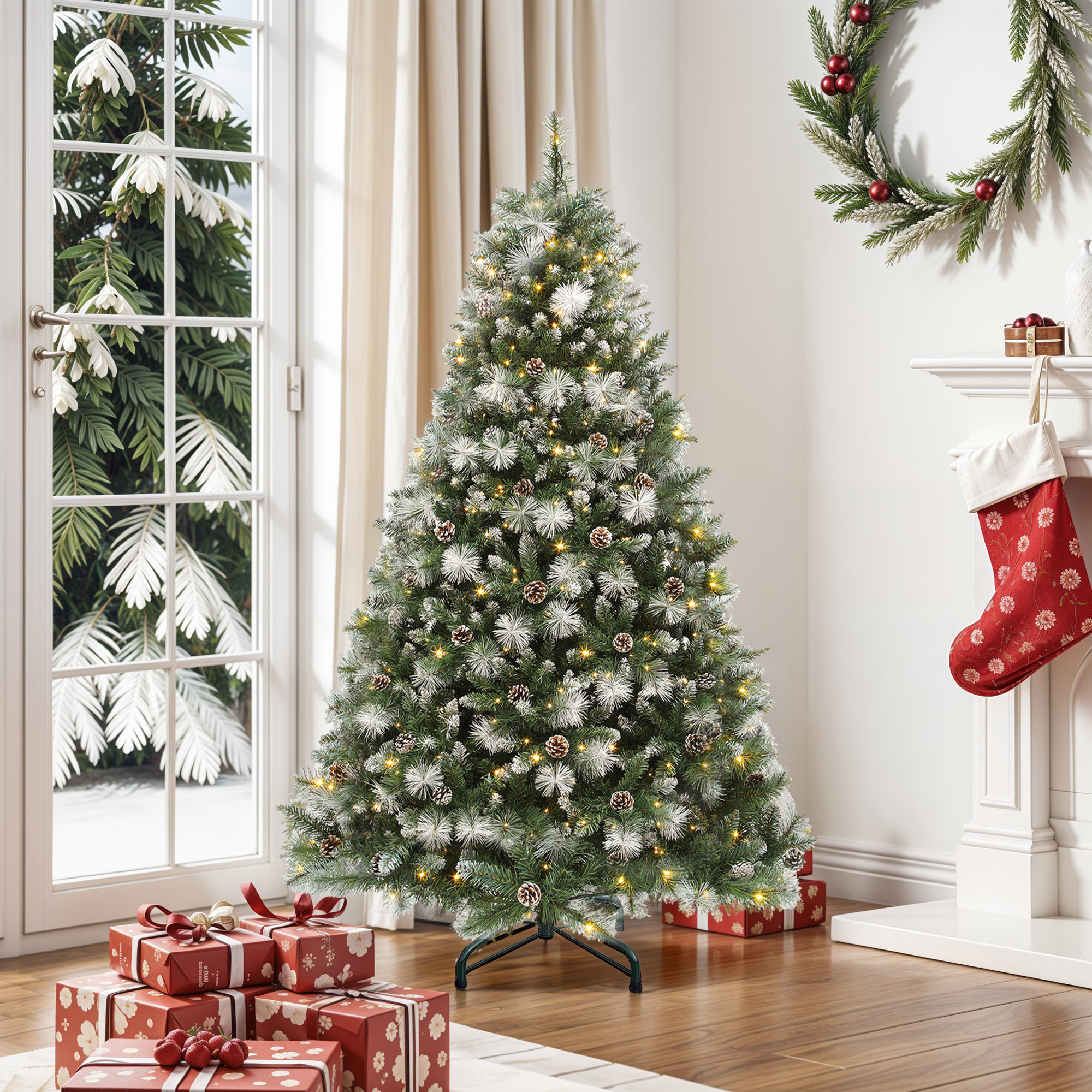 Uforic 6ft Prelit  Artificial Christmas Tree with 946 Branch Tips & 250 Lights, Pre-Decorated Scotch Pine Christmas Tree with Remote, 11 Light Modes, 56 Pine Cones, Green