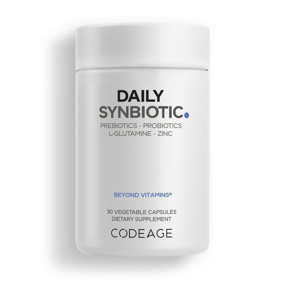 Codeage Daily Synbiotic Supplement - Prebiotics, Lactobacillus & Bifidobacterium Probiotics, L-Glutamine, Zinc L-Carnosine, DGL, Synbiotic Probiotic, BioPerine - Shelf-Stable - 30 Capsules