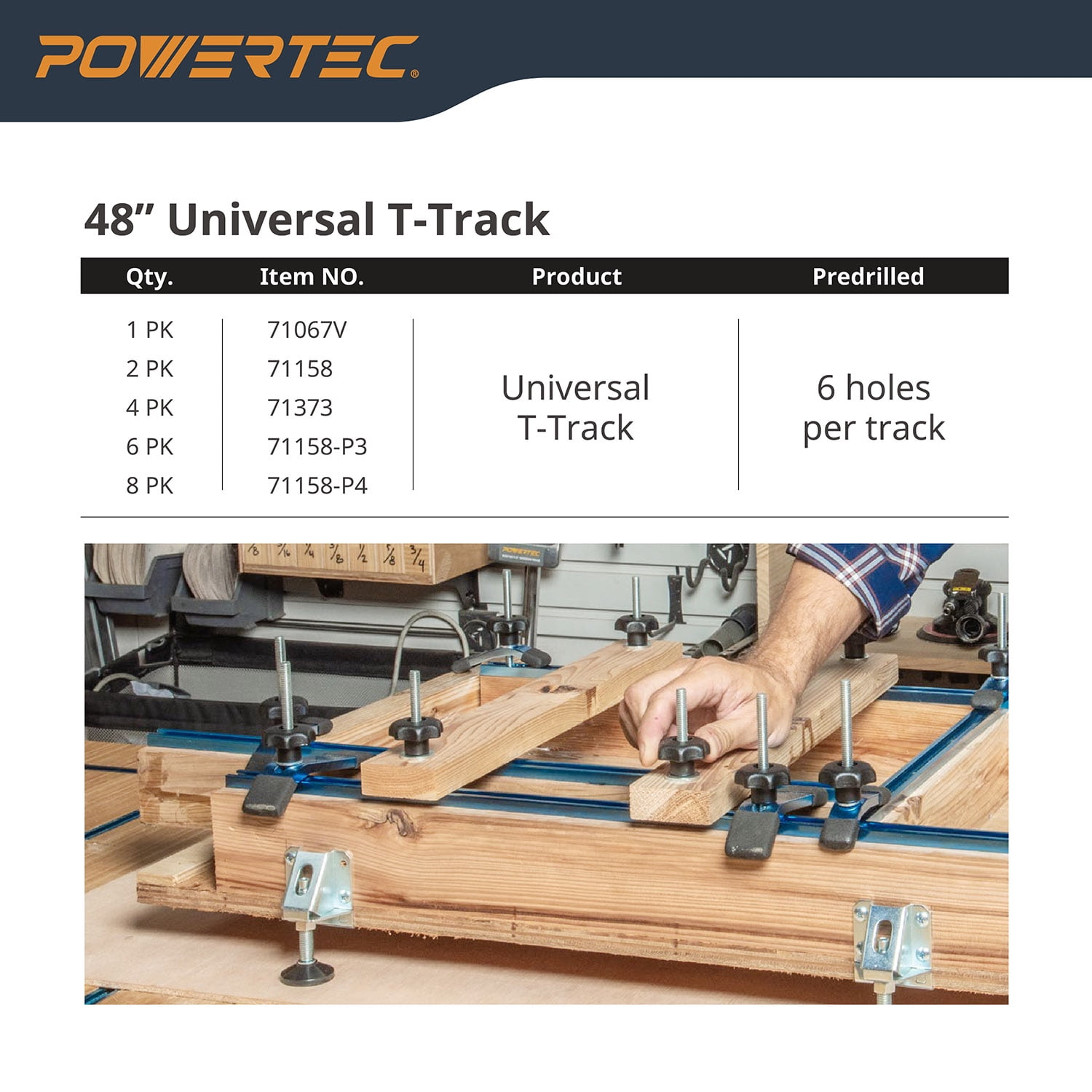POWERTEC 4PK 48 Inch Double-Cut Profile Universal T-Track with Predrilled Mounting Holes for Woodworking Jigs and Fixtures, Drill Press Table, Router Table, Workbench, 71373
