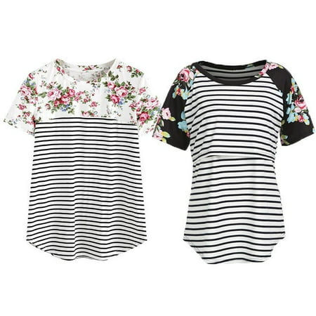 Womens Maternity Breastfeeding Nursing Striped Short Sleeve Floral T-shirt (Best Breastfeeding Tank Tops)