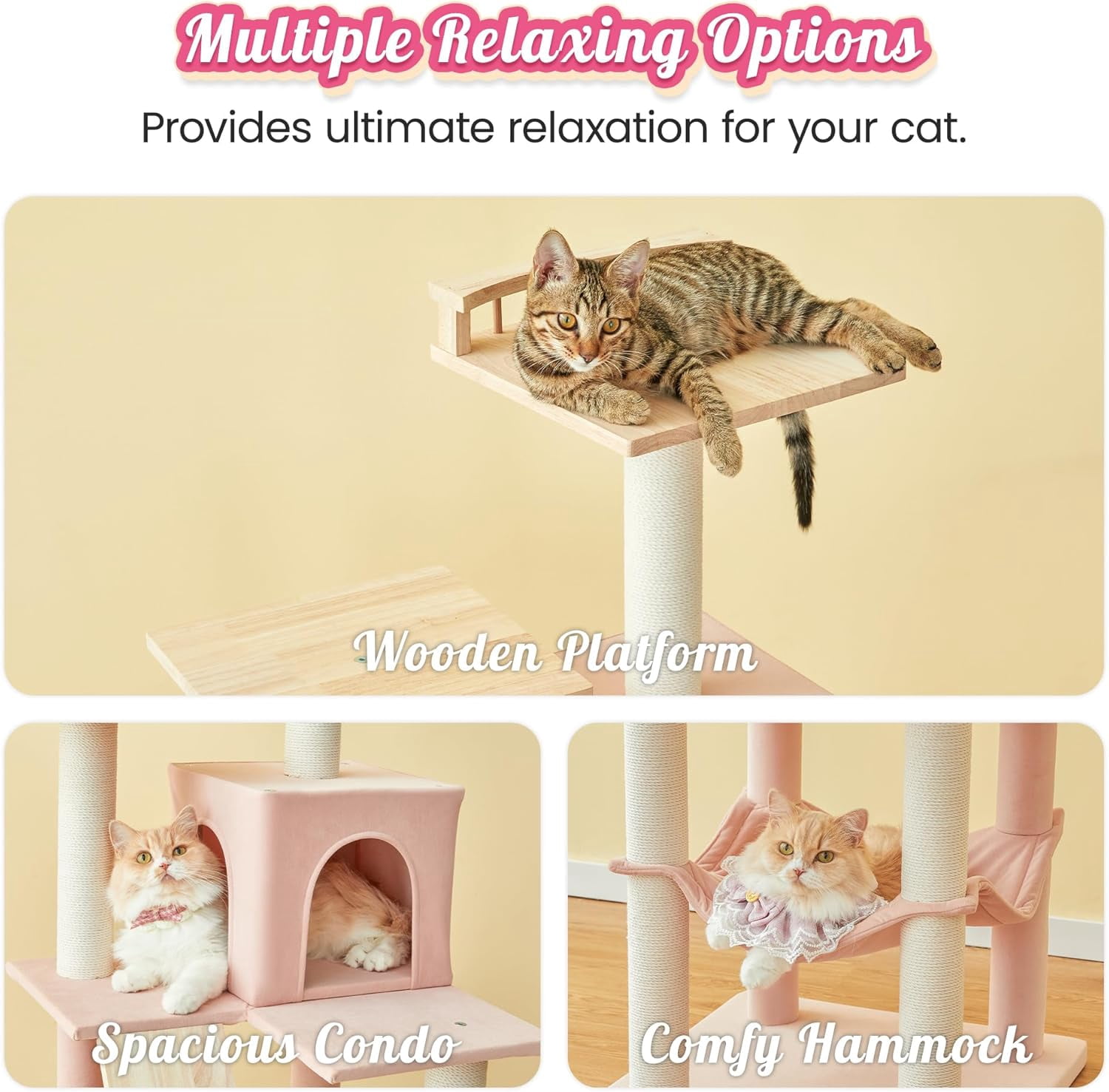 LEHOME Pink Modern Cat Tree for Indoor Cats, 63.8-Inch Multi-Level Tall Cat Tower with Cat Condo, Hammock, Woden Top Perch, Scratching Posts for Kittens & Adult Cats