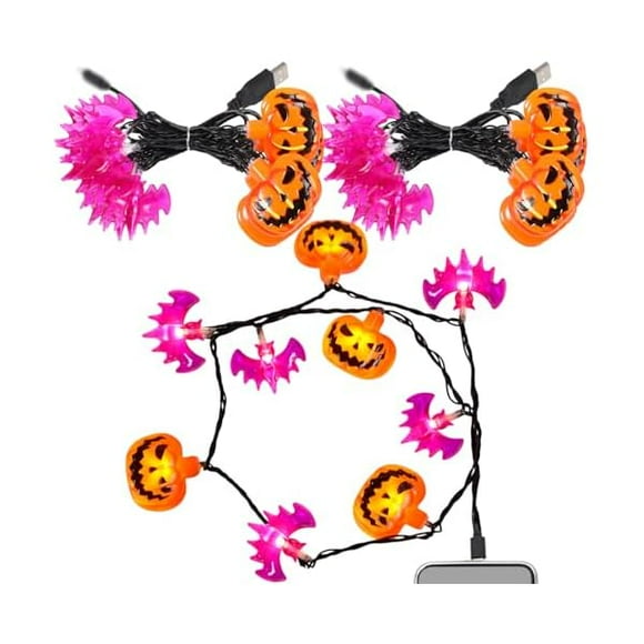 wonima11 2 Pack USB Halloween Lights Pumpkin Bat Phone Charger Halloween Lights Decor LED Cord USB-c 4.9 ft 10 LED Charging String Bulb Cables for Computers, Power Banks, Car, Festive Decor