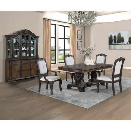 5pc Traditional Carved Dining Set Table Coffee Brown Finish Luxurious Upholstery