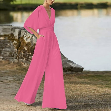 

Soighxzc Jumpsuits for Women Elastic Waist Trumpet Sleeve Strappy Loose Deep V Neck Stretchy Long Shirt Tops Romper RD3 S Jumpsuit with Pockets