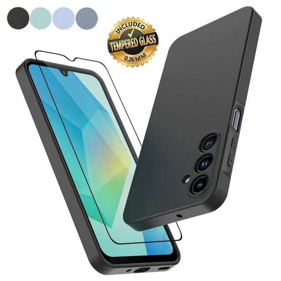 For Samsung Galaxy A16 5G Silicone Case with Tempered Glass Screen Protector, Tekcoo Shockproof Rugged Rubber Protective Cover with Microfiber Lining Cute Phone Case for Galaxy A16 5G - Black