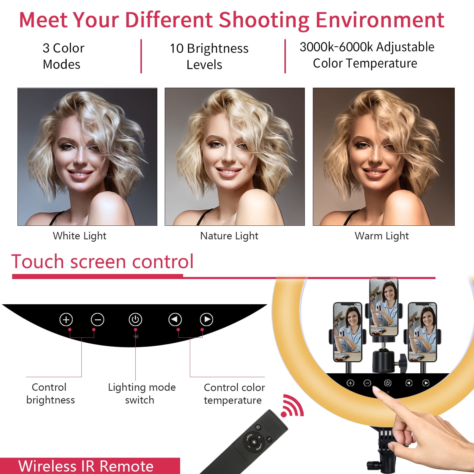 EOTO LIGHT 18 inch LED Ring Light with Tripod Stand, Selfie Ring Light with Touch Panel for Makeup Studio Portrait YouTube Vlog Video Shooting with Carrying Bag and Remote Controller, CRI>90, Upgraded