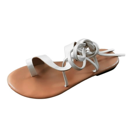 

MIASHUI Summer Sandals for Women 2024 Casual Solid Colour Strappy Flat Bottom Over Toe Beach Shoes Sandals White 6.5