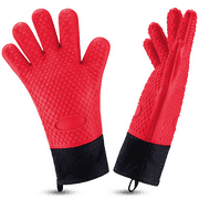 Oven Gloves, Heat Resistant Cooking Gloves Silicone Grilling Gloves Long Waterproof BBQ Kitchen Oven Mitts with Inner Cotton Layer for Barbecue, Cooking, Baking RED