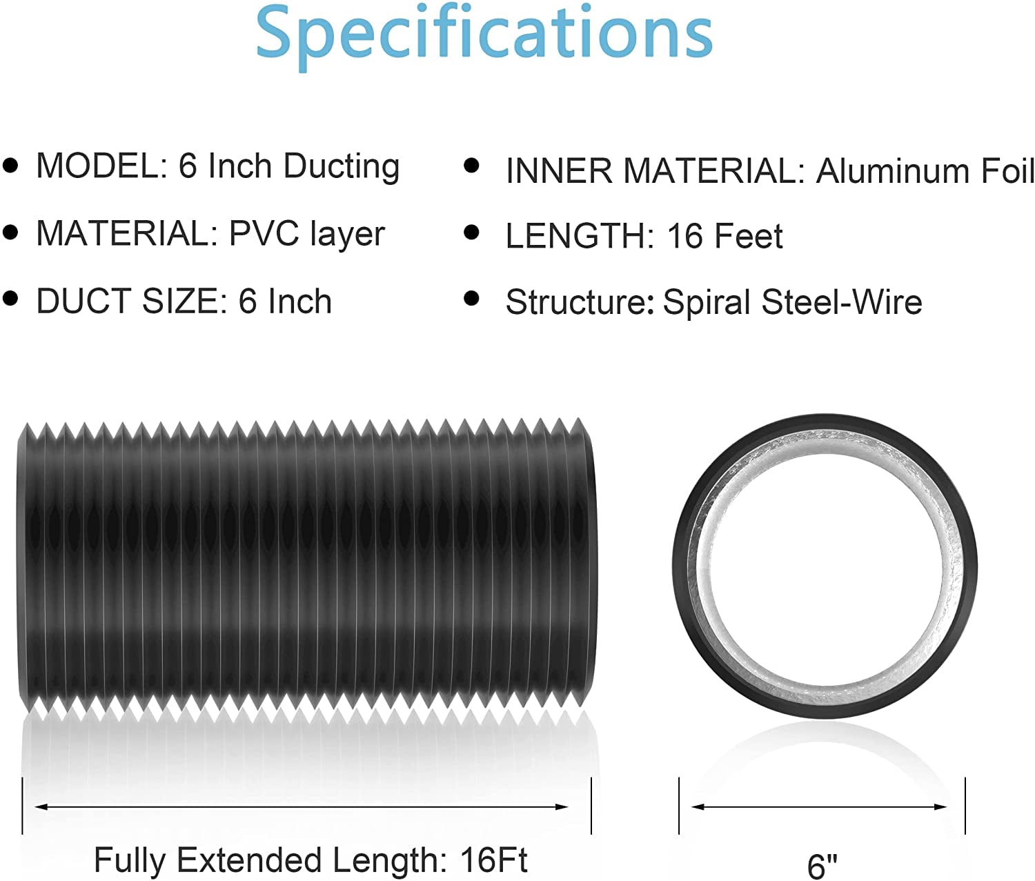 6 Inch Air Duct - 16 FT Long, Black Flexible Ducting HVAC Ventilation Air Hose for Grow Tents and Ventilation System