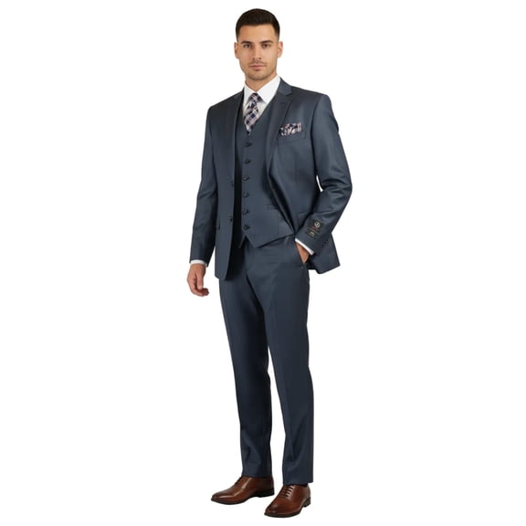 Mens Vitali Three Piece Suit Vested Sheen Sharkskin Business M3090 Navy blue