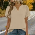 thumbnail image 6 of HomeDM Women's V Neck Summer T Shirts, Petal Short Sleeve Pullover Shirts Solid Color Basic Loose Fit Tee - Khaki/L, 6 of 9
