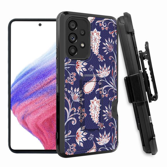 ANJ  Rugged Shockproof Hoster Case w/Card Slot, Kickstand   Tempered Glass Cover for Samsung Galaxy A33 5G - Blue Paisley Flower