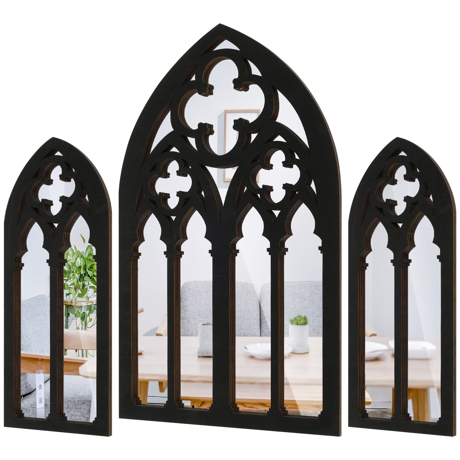 EUWBSSR 3Pcs Gothic Arch Wall Mirrors – Wood-Framed Decorative Set for Living Room, Bathroom, or Bedroom (1- Large :  7.2×11.8 inches, 2 - Small: 3.6×8.6 inches)