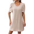 thumbnail image 1 of Staron Liquidation Robes d'Été pour Femmes 2025 Tendance Col Rond Ligne A Ample Manches Bouffantes Robe d'Été Décontractée Mode Manches Courtes Uni Voyage Vacances Robe T-Shirt, 1 of 7