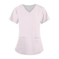 thumbnail image 3 of WTOBBY Women's Plus Size Short Sleeve Printed Scrubs Set with Pockets, V-Neck, Fun Floral Animal Design, 2-Piece Nursing Uniform, Medical Workwear for Caregivers,Pink S, 3 of 6