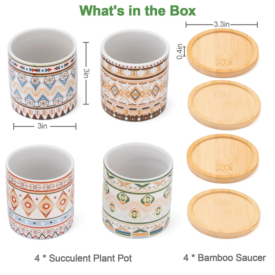 4 Pack Succulent Pots with Saucers, 3" x 3" Round Bohemian Ceramic Succulent Pot, Small Planter with Drainage Hole, Ceramic Cactus Pots, Succulent Plant Pot and Bamboo Tray Set