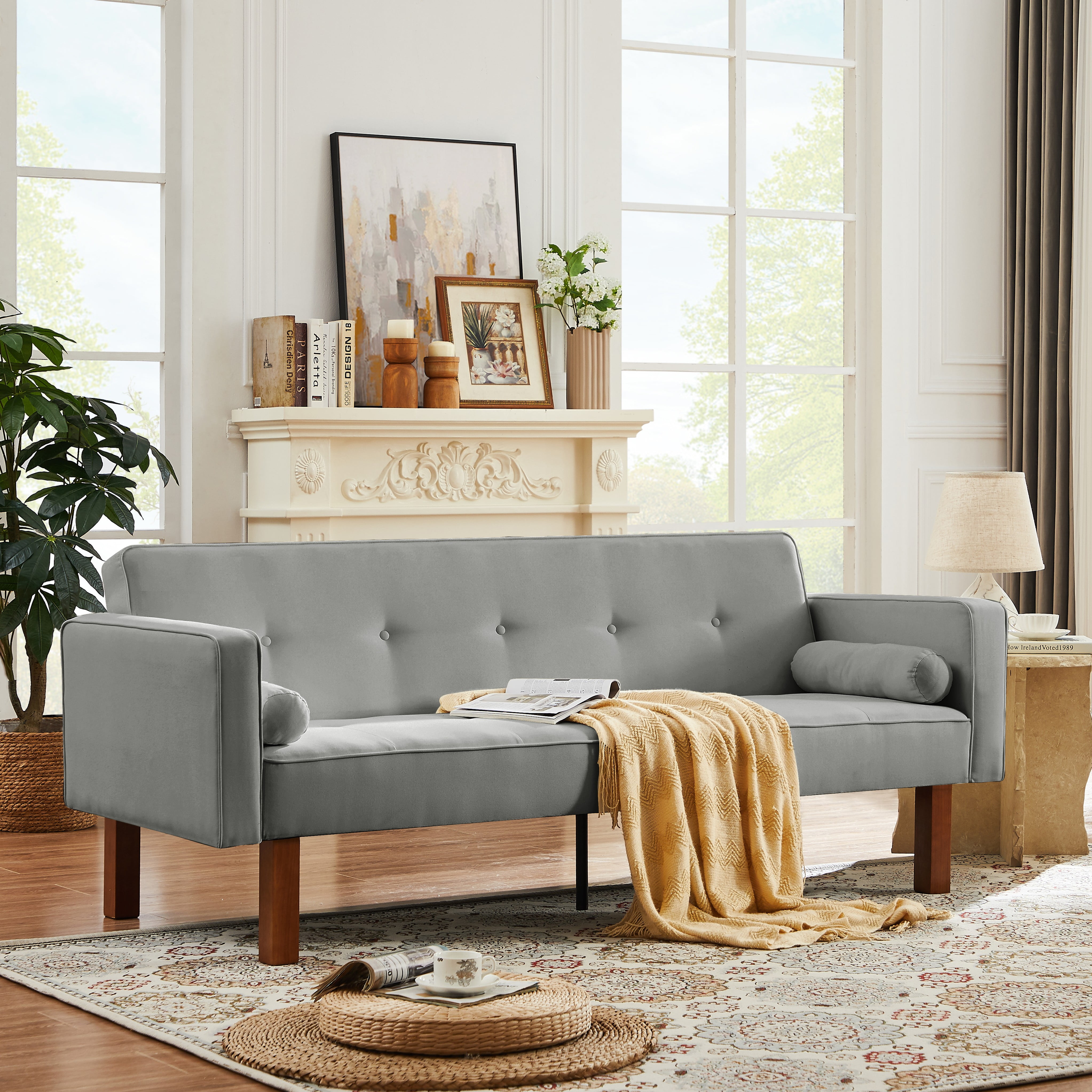 74" Futon Sofa Bed,Upholstered Folding Futon Fabric Couch,Recliner Twin Size Futon Bed Removable Armrests,Modern Sofa for Compact Living Space,Apartment,Light Gray