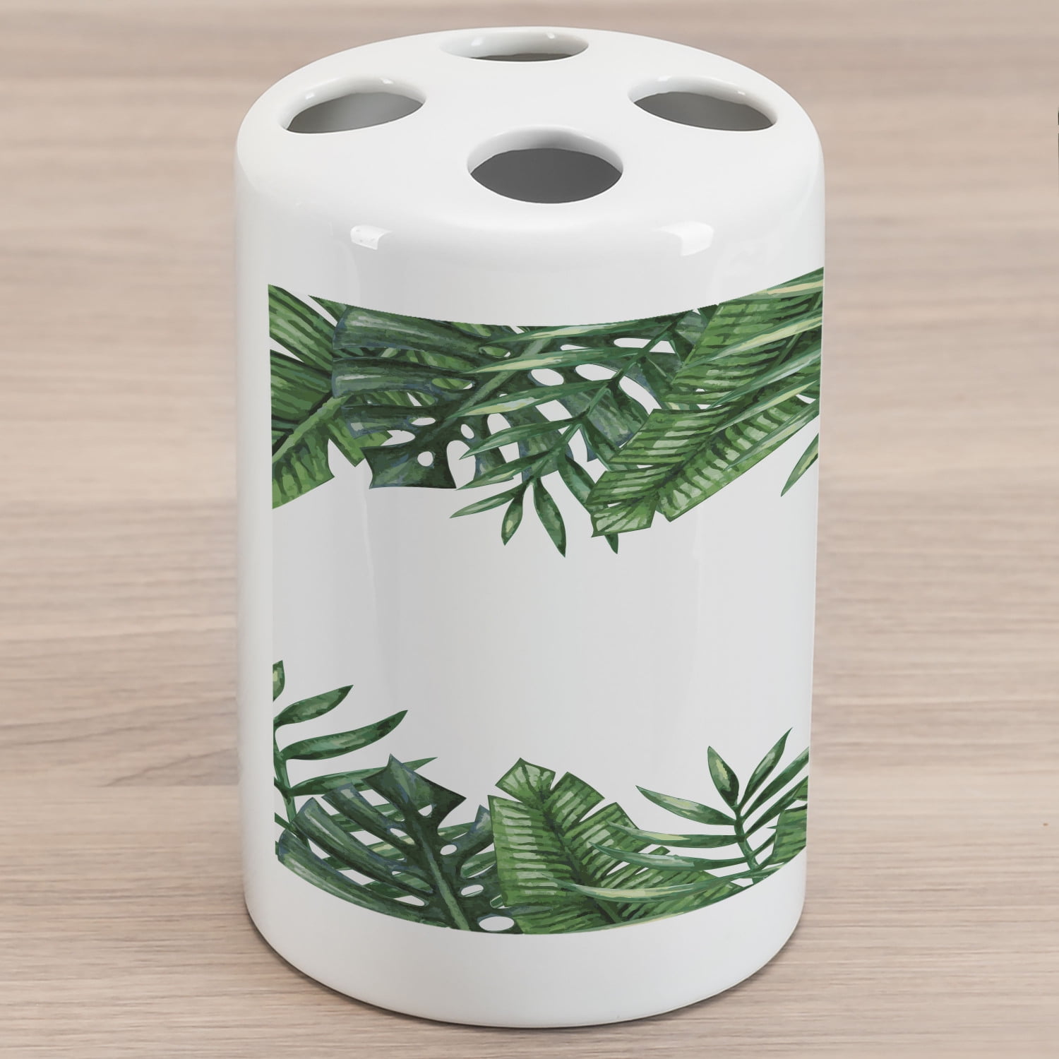 Palm Leaf Ceramic Toothbrush Holder, Framework with Rainforest Foliage Leaves in Watercolors, Decorative Versatile Countertop for Bathroom, 4.5' X 2.7', Hunter Green
