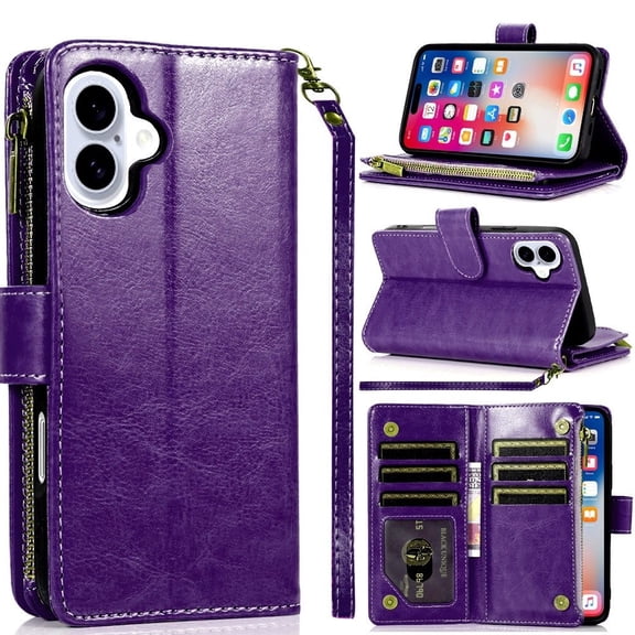 TJS for iPhone 16 Phone Case, Luxury Wallet Card ID Zipper Money Holder Cover (Purple)
