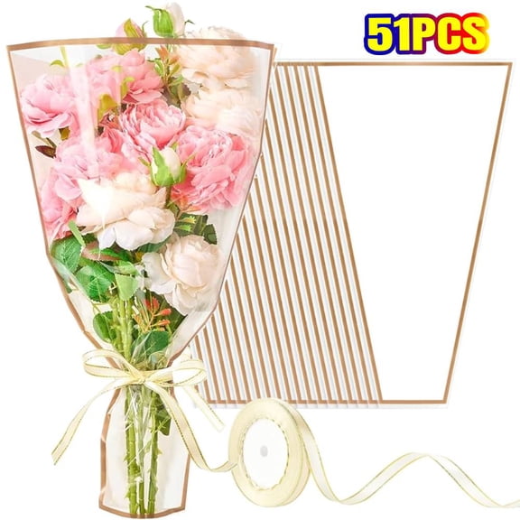 YangNengwen 50 Pack White Flower Bags for Bouquets, 17.7 x 10.9 Inches Plastic Flower Sleeves Clear Front Floral Wraps with Ribbons for Wedding Florist Packaging Supplies