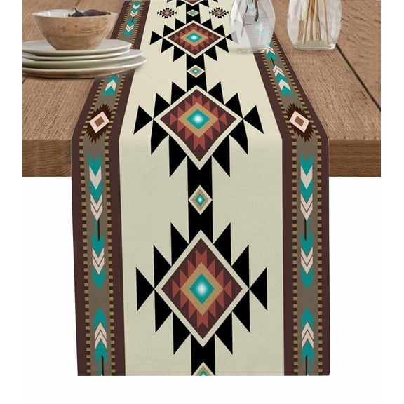 Southwest Geometric Table Runner Brown Mexican Aztec Boho Tribal Tablerunners 13 x 48 Inch, Table Decorations Tabletop Scarf for Summer Gathering Holiday Farmhouse Kitchen Dining Decor