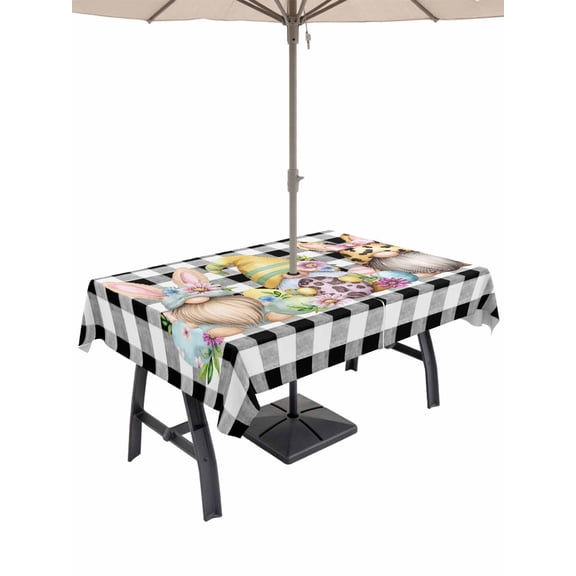 Easter Gnomes Outdoor Tablecloth - 52x70 Inch Rectangle Dining Table Cover, Eggs Rabbit Ears Spring Daisy Buffalo Plaid Waterproof Outdoor Table Cloth with Umbrella Hole & Zipper for Picnic/Patio