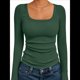 thumbnail image 3 of Camisas de Larga para Mujer, Blusas de Cuello Cuadrado, Blusas Básicas de Punto Acanalado, Conjuntos de Otoño, Ropa de Moda Verde Oscuro XXXL, 3 of 8