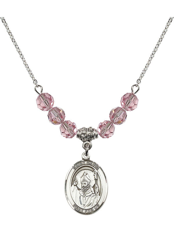 Bonyak Jewelry 18 Inch Rhodium Plated Necklace w/ 6mm Light Rose Pink October Birth Month Stone Beads and Saint David of Wales Charm