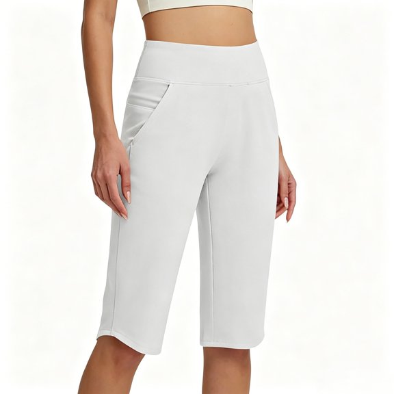 Shorts for Women Knee Length with Pockets High Waisted Stretch Long Bermuda Shorts for Summer Dressy Casual White XL