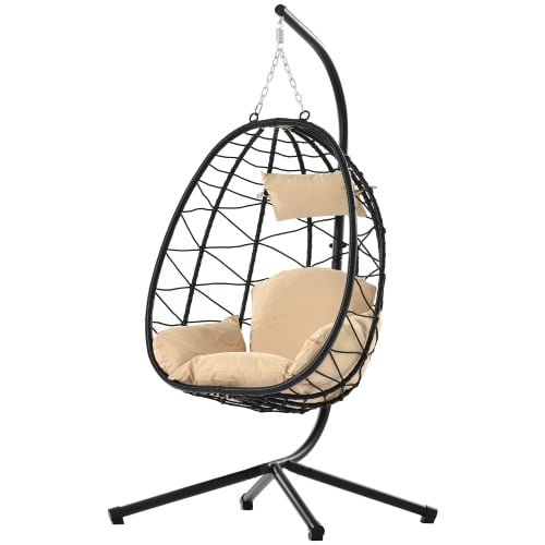 Outdoor Egg Chair, Patio Wicker Swing Egg Chair with Stand, Steel Frame, Soft Cushion and Pillow for Home Bedroom Patio Balcony, 350-Pound Weight Capacity, Khaki