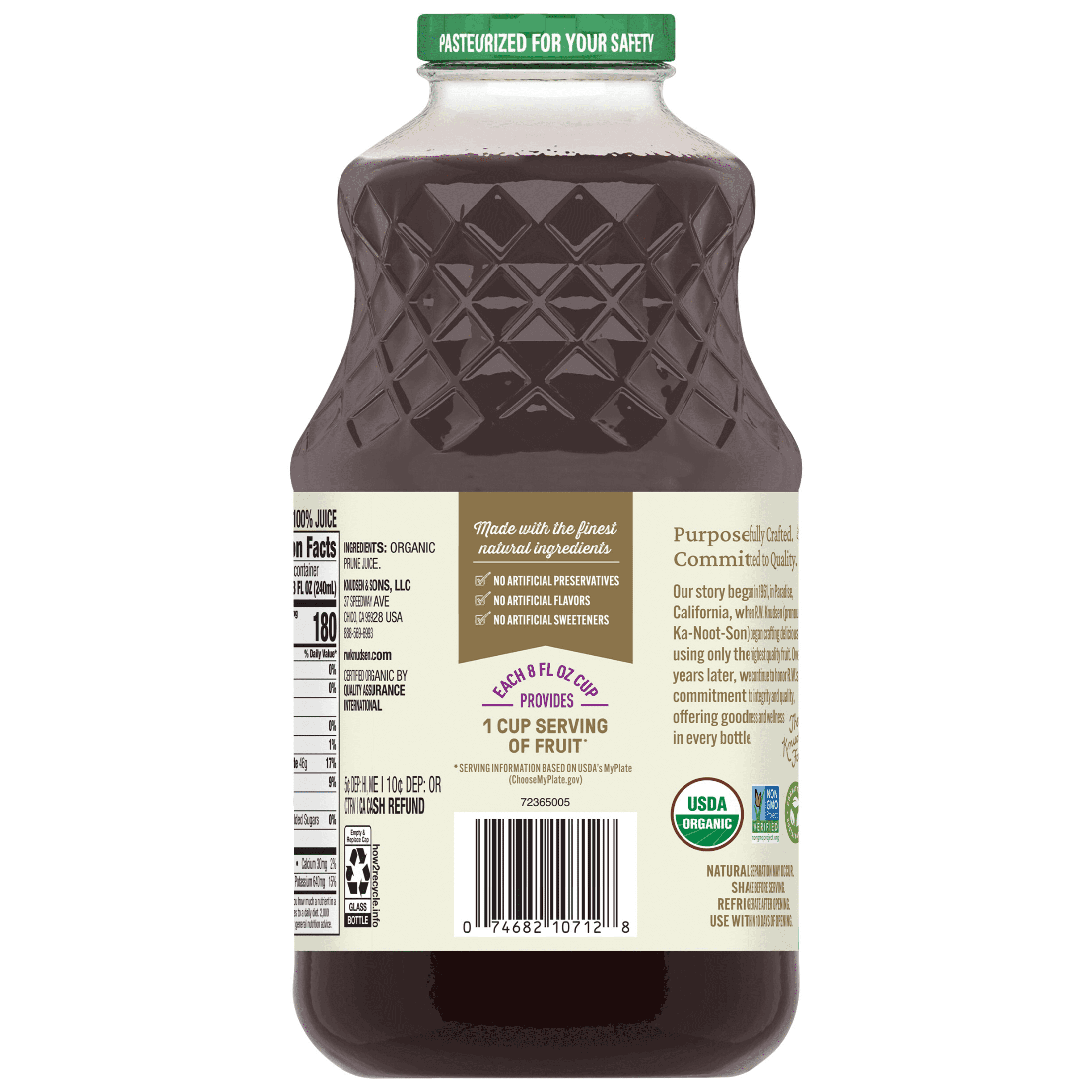(3 pack) R.W. Knudsen Family Organic Just Prune Juice, 100% Juice, 32 oz, Glass Bottle, Shelf-Stable