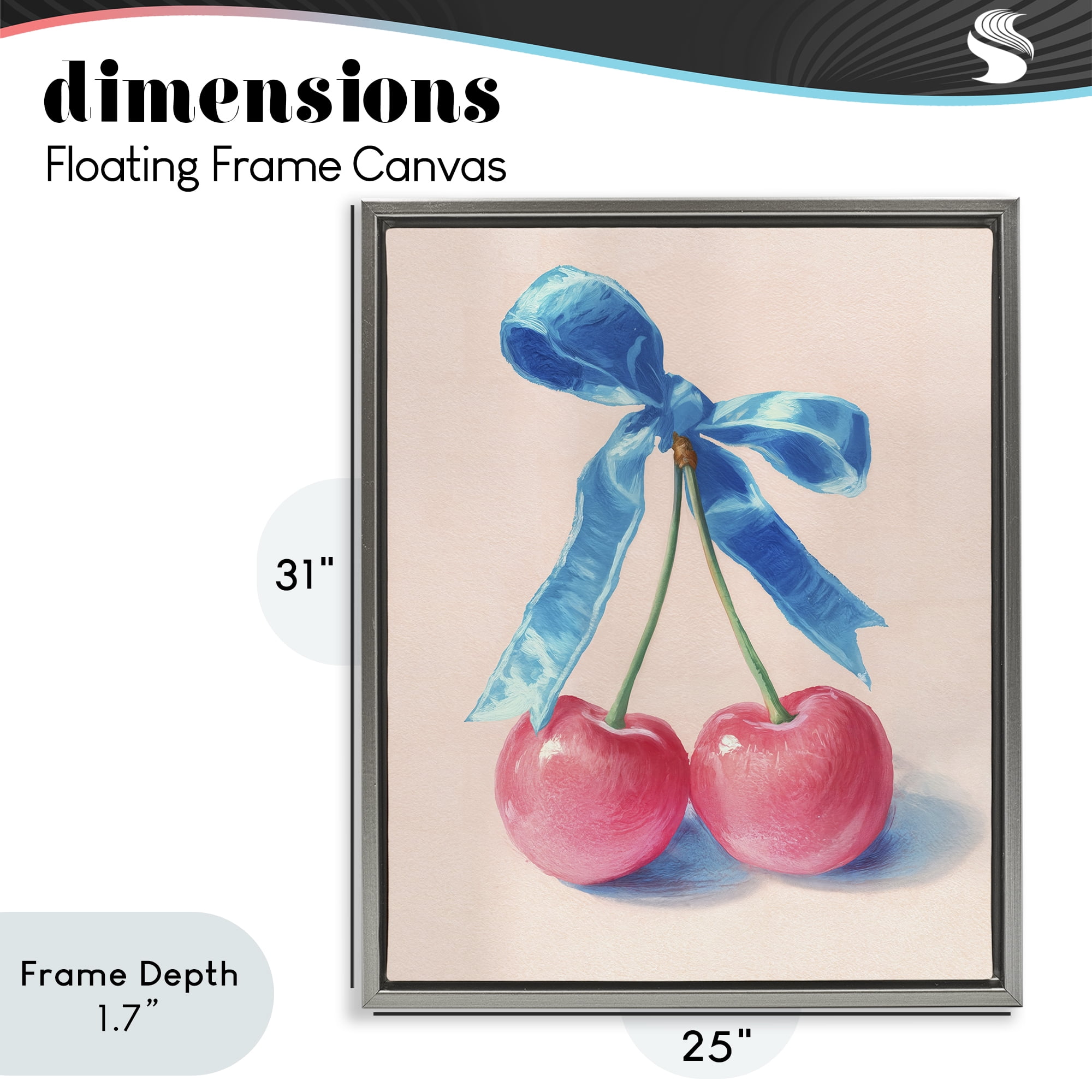 Stupell Industries Twin Cherries with Blue Ribbon Gray Framed Floater Canvas Wall Art, design by Imagine It Images