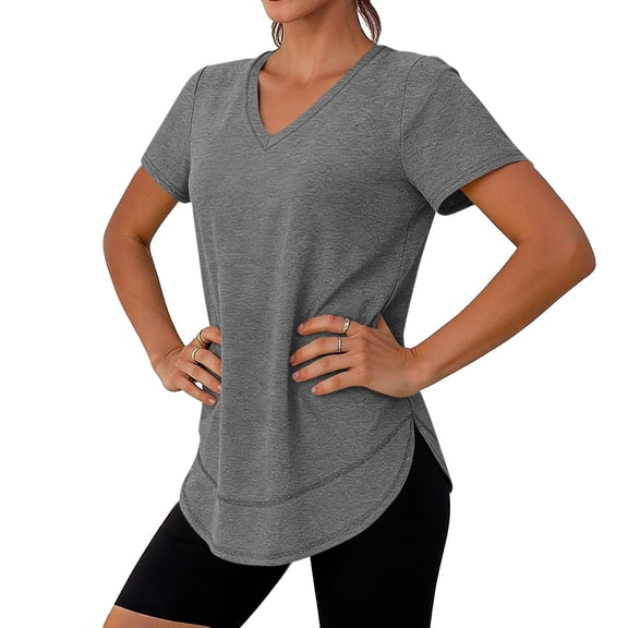 Fnooota Women's Cotton Athletic T Shirts, Summer Short Sleeve V Neck Casual Workout Tops Tees Gray Size S-2XL