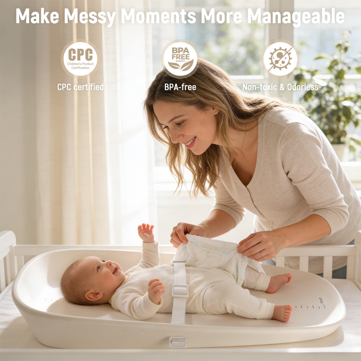 Baby Changing Pad, Caveen Eva Diaper Changing Station, with Height Ruler & Anti Slip Bottom, Waterproof, Beige