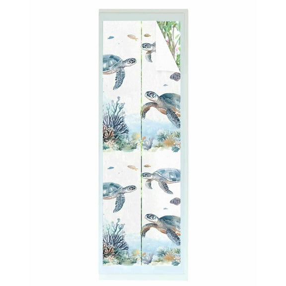 Window Privacy Film Blue Sea Turtle Coastal Stained Glass Window Film Decorative Sun Block Window Cover Summer Beach Ocean Nautical Coral Window Clings Static Adhesive Sticker for Bathroom 29.5"x118"