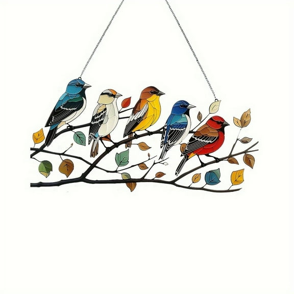 Birds On Branch Stained Glass Suncatcher Hummingbird Double Side Glass Panel Window Hanging Decor Bird Ornament Bird Lover Gift for Mom Grandma