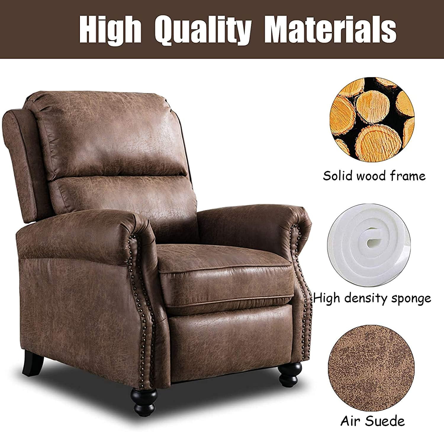 Bonzy Home Pushback Recliner Chair Leather Armchair Push Back Recliner with Nail Head Single Sofa Accent Chair for Living Room, Brown