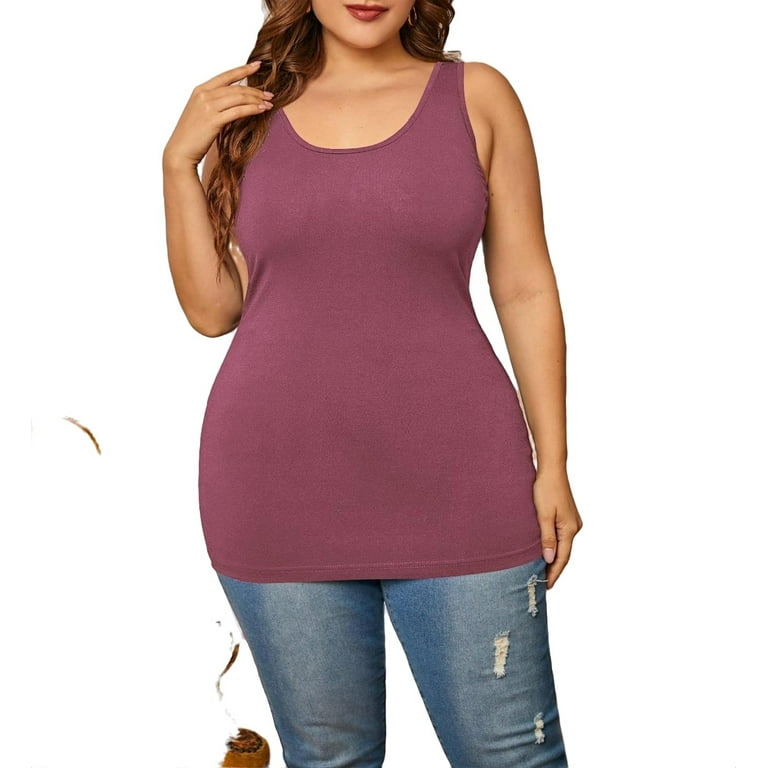 Women's Mauve Purple Plain Scoop Neck Casual Plus Size Tank Tops & Camis