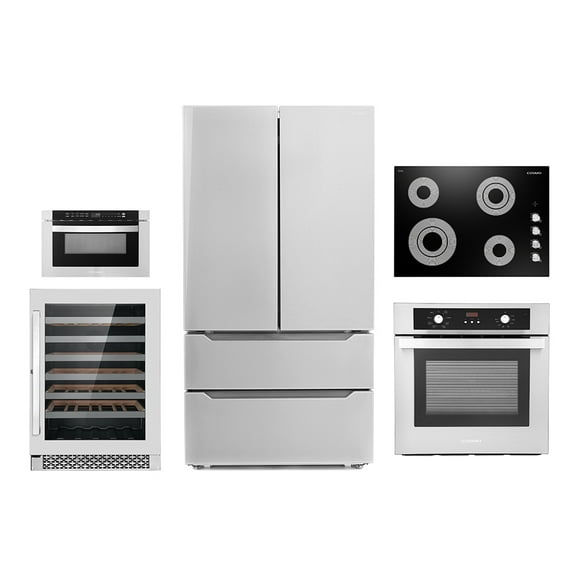 Cosmo 5 Piece Kitchen Appliance Package With 30" Electric Cooktop 24" 48 Bottle Freestanding Wine Refrigerator 24" Single Electric Wall Oven 24" Built-In Microwave Drawer & French Door Refrigerator