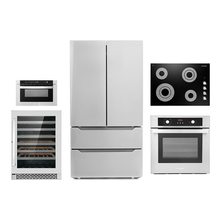 Cosmo 5 Piece Kitchen Appliance Package With 30  Electric Cooktop 24  48 Bottle Freestanding Wine Refrigerator 24  Single Electric Wall Oven 24  Built-In Microwave Drawer & French Door Refrigerator