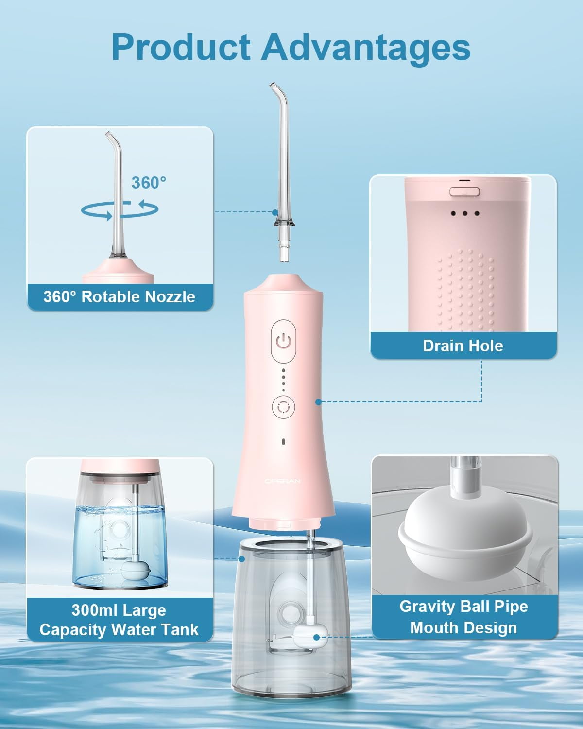 Operan Cordless Water Flosser, Portable Rechargeable Oral Irrigator with 4 Modes, 4 Jet Tips, IPX7 Waterproof, Pink