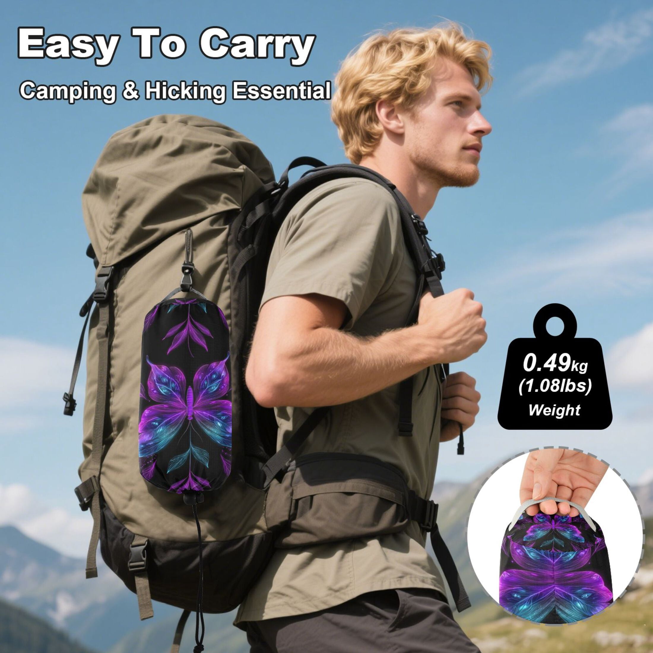 Hanging Hammock Portable Travel Camping For Outdooor Beach Camping Hiking Neon Purple and Blue Butterflies