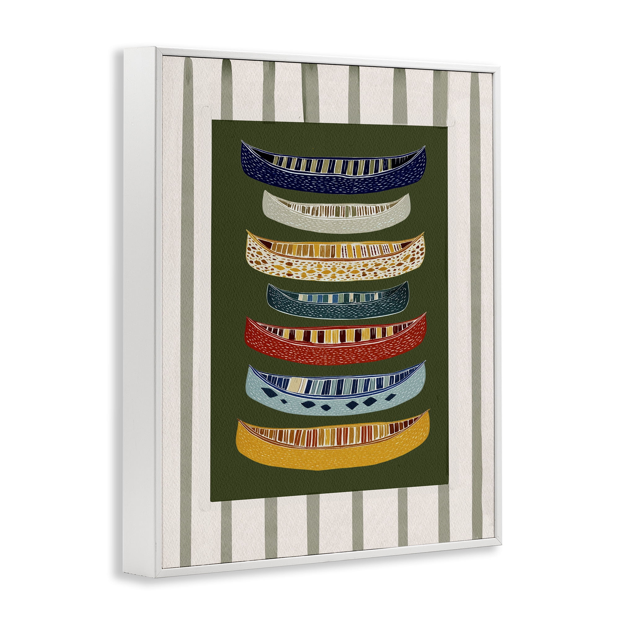 Stupell Industries Patterned Canoes over Stripes White Framed Giclee Art, design by Yen