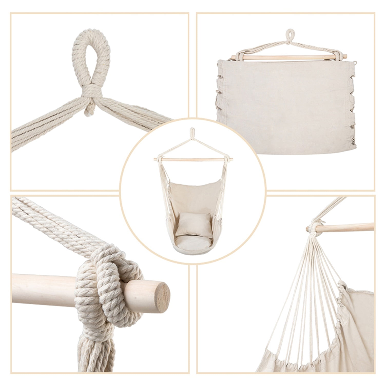 Kadyn Hammock Chair, Distinctive Cotton Canvas Hanging Rope Chair with Pillows, Hanging Rope Swing Seat-Max, Beige Kadyn Hammock Chair, Distinctive Cotton Canvas Hanging Rope Chair with Pillows, Hanging Rope Swing Seat-Max, Beige