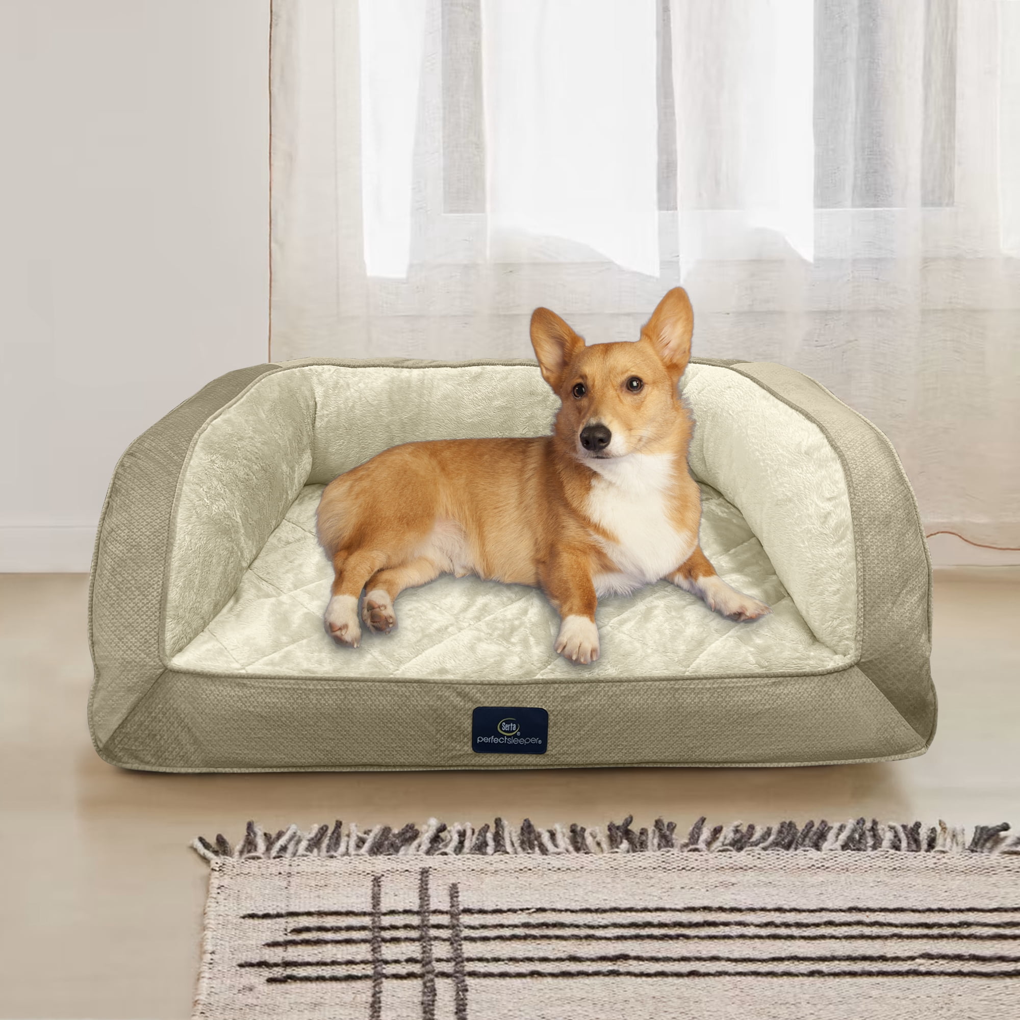Serta Quilted Orthopedic Bolster Couch Cat & Dog Bed, Tan, Large