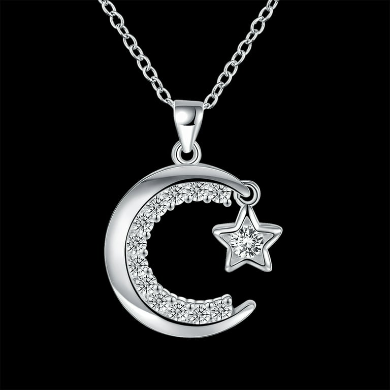 Moon and Star Pendant Necklace Silver Plated With Quality Crystals