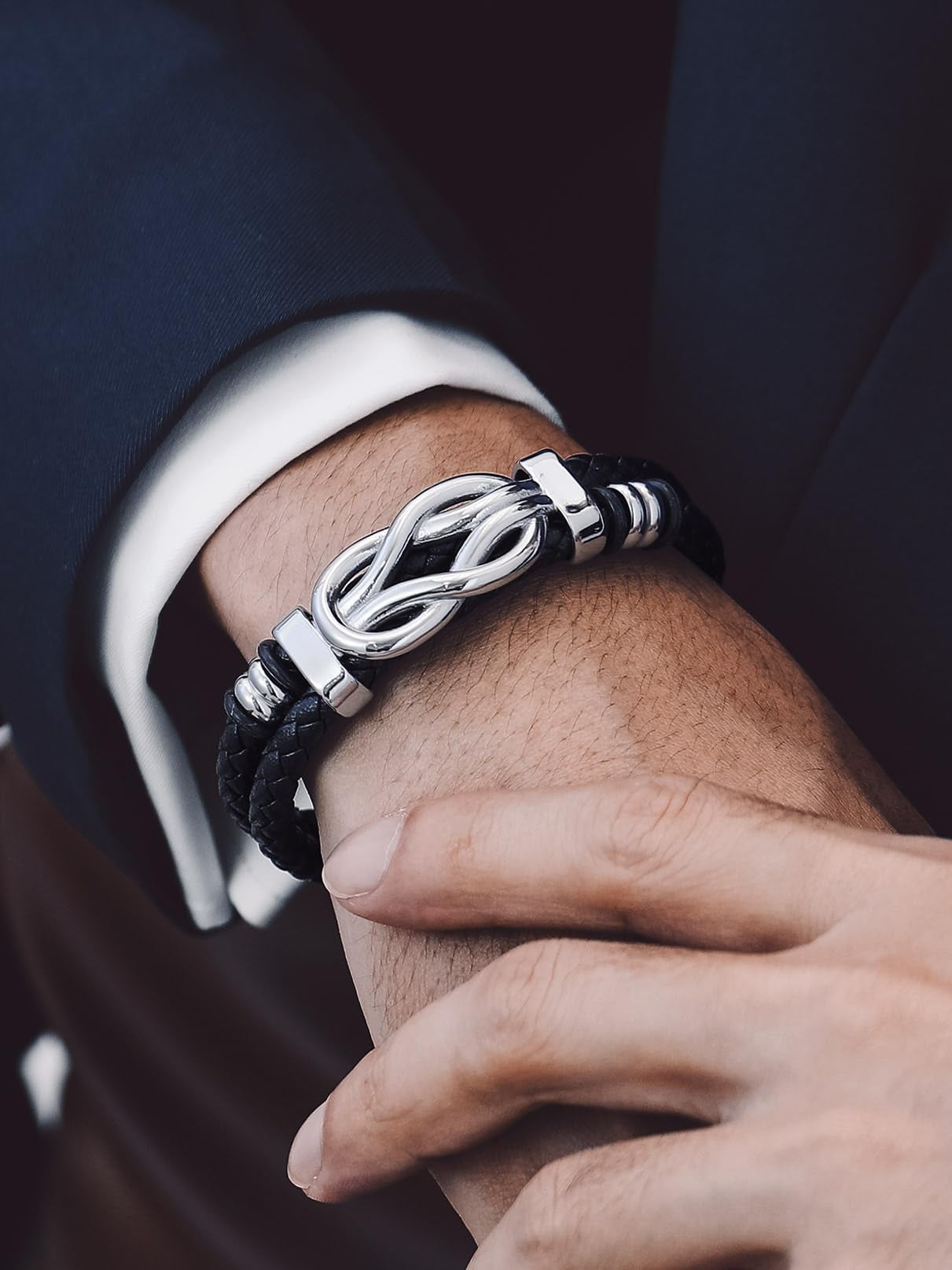 Bandmax 8.26'' Black Leather Bracelet for Men Infinity Knot Leather Cuff Love Link Bracelet Gift with Card for Your Man Boyfriend Valentine Father's Day Birthday