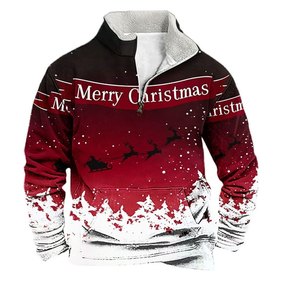 successthop Mens Christmas Sweatshirts Snow Quarter Zip Long Sleeve Top Pullover Sweater with Pocket Streetwear Red